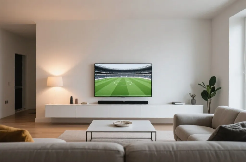 A clean and modern living room featuring a smart TV screen displaying a generic soccer stadium placeholder, soft lighting